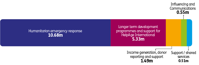 A square pie chart showing £14.35m was spent on humanitarian relief, £1.00m on UK fundraising and donor support, £5.50m on development programmes and support for HelpAge International, and £0.96m on facilities and staff